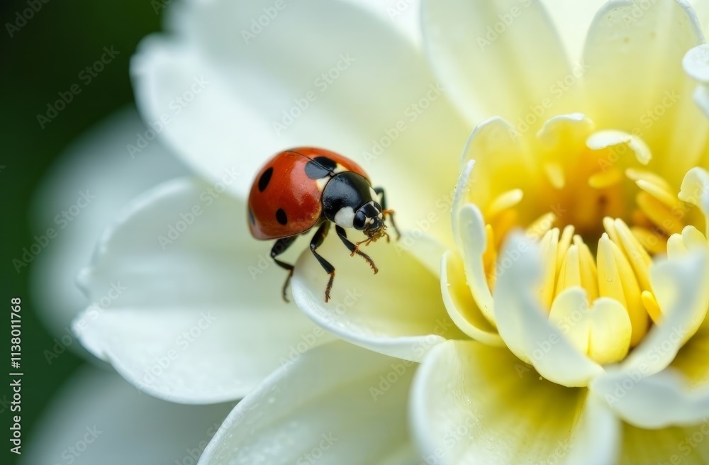 A close-up of a ladybug with heart-shaped spots crawling on a white dahlia flower with dew drops, copy space A close-up of a ladybug with heart-shaped spots crawling on a white dahlia flower with dew drops, copy space