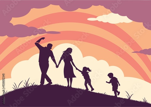 Silhouette of a family walking together on a grassy hill against a vibrant orange and red sunset sky