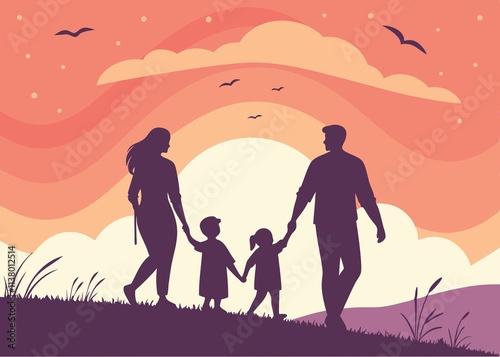 Silhouette of a family walking together on a grassy hill against a vibrant orange and red sunset sky