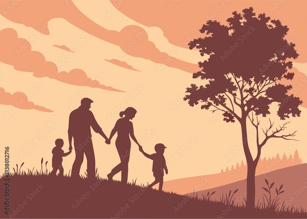 Silhouette of a family walking together on a grassy hill against a vibrant orange and red sunset sky Silhouette of a family walking together on a grassy hill against a vibrant orange and red sunset sky