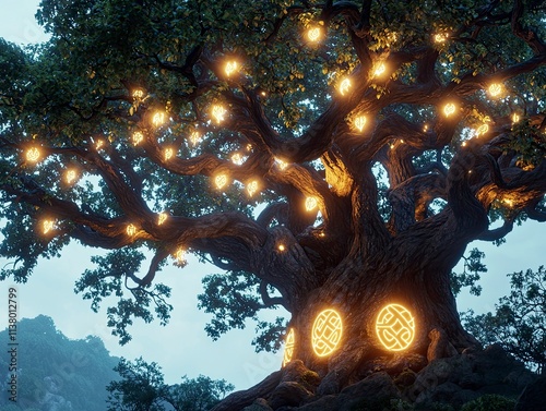 Archetypal symbols of wisdom represented by an ancient tree with glowing runes photo