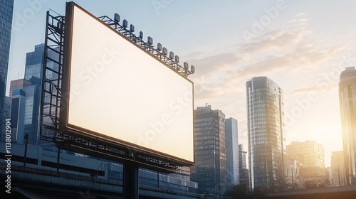 An empty billboard at sunset, surrounded by modern skyscrapers, contrasting the vibrant colors of the evening sky.