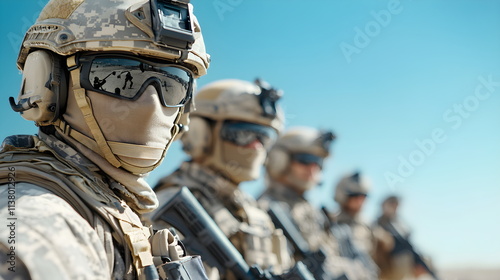  Soldiers in formation, armed detachment, special forces. Special military operation. Army, armed forces. photo