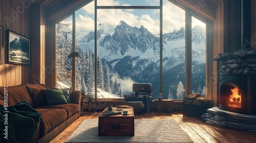 Luxury living room cabin in Alpes mountains with fireplace, big window.