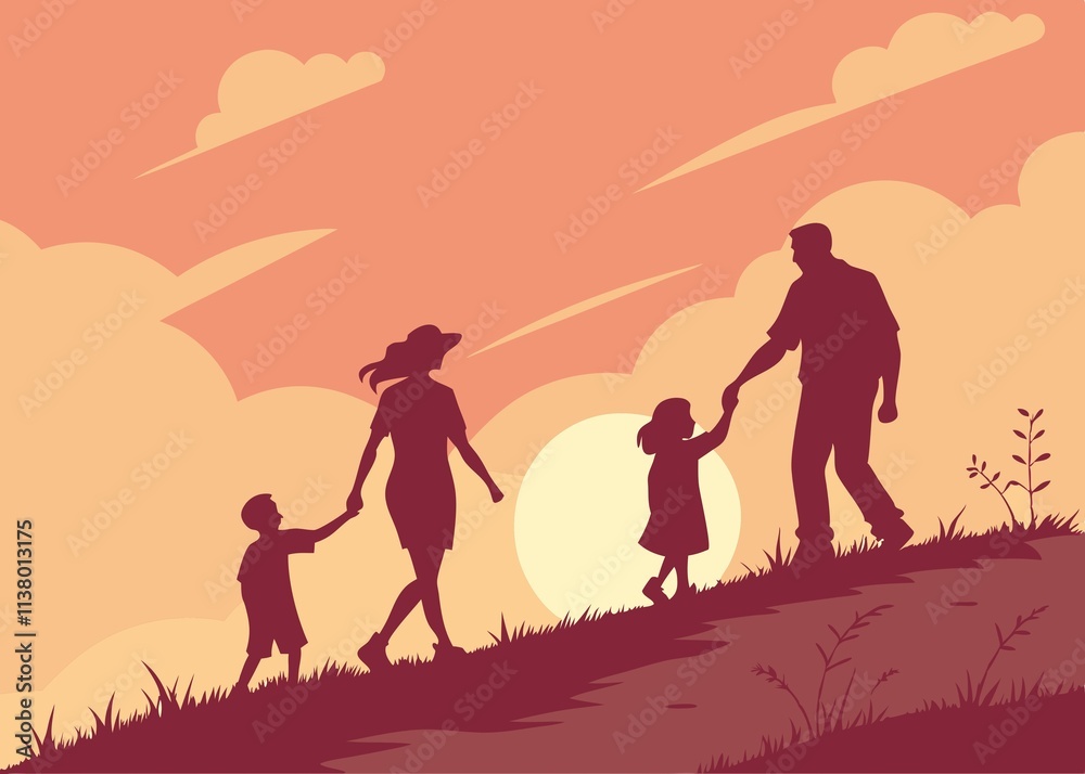 Silhouette of a family walking together on a grassy hill against a vibrant orange and red sunset sky Silhouette of a family walking together on a grassy hill against a vibrant orange and red sunset sky