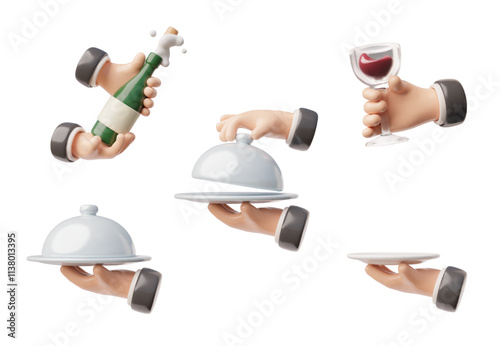 Waiter tray platter holding by hand 3D cartoon icons vector set, restaurant service, hands open a bottle of champagne