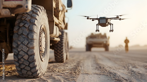 Drone and military equipment against the background of the road. ground and air combat equipment. Military technologies. Arming the army with UAVs photo