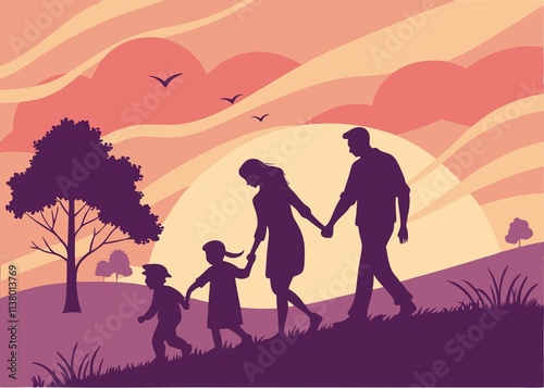 Silhouette of a family walking together on a grassy hill against a vibrant orange and red sunset sky