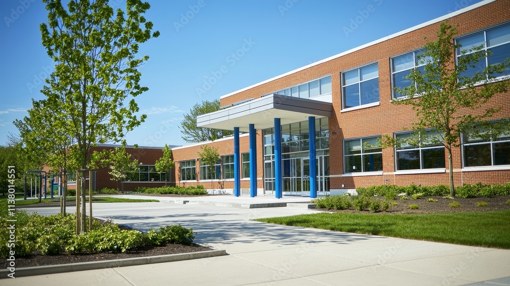 Modern School Building Exterior with Lush Greenery Modern School Building Exterior with Lush Greenery