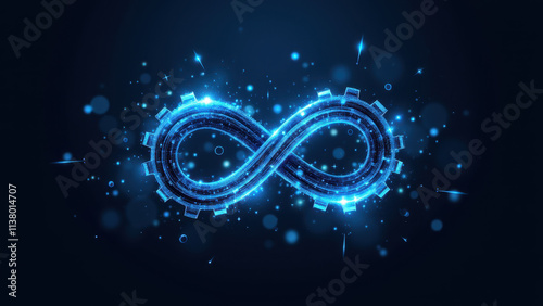 Abstract digital art with futuristic blue ci/cd infinity symbol representing continuous integration, deployment, DevOps, Kubernetes, and Docker themes. photo