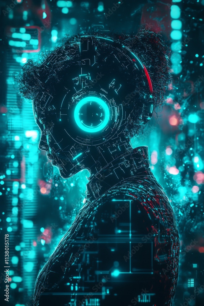 A futuristic tech design in cyan and black, with digital patterns and glowing effects. A futuristic tech design in cyan and black, with digital patterns and glowing effects.