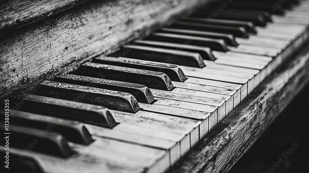 Closeup of an antique piano keyboard in monochrome tones