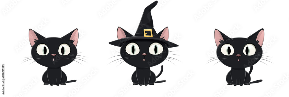Black cats with witch hat, cartoon style, three different poses, cute expressions, playful design, isolated on transparent background, png Black cats with witch hat, cartoon style, three different poses, cute expressions, playful design, isolated on transparent background, png