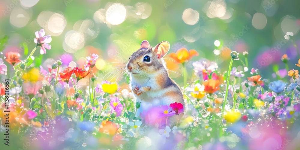 Adorable Field Mouse in Vibrant Wildflower Meadow Adorable Field Mouse in Vibrant Wildflower Meadow