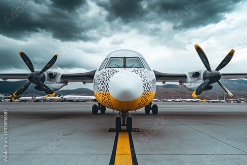 An ATR-72 airplane under a cloudy sky. photo