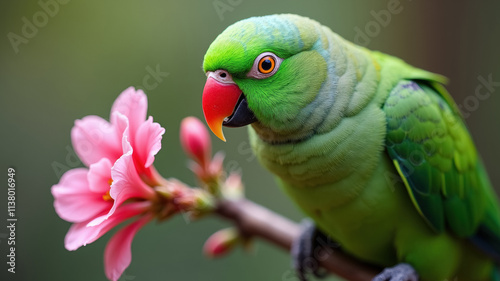 A green parrot sits on a branch with pink flowers.