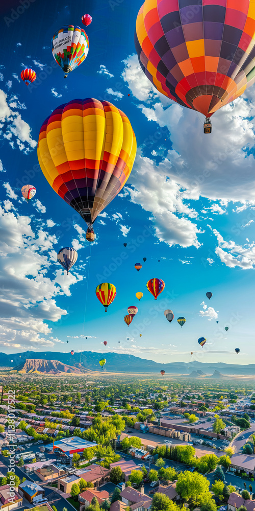 Obraz premium Colourful hot air balloons floating in the blue sky during a summer festival, capturing the essence of adventure and travel.