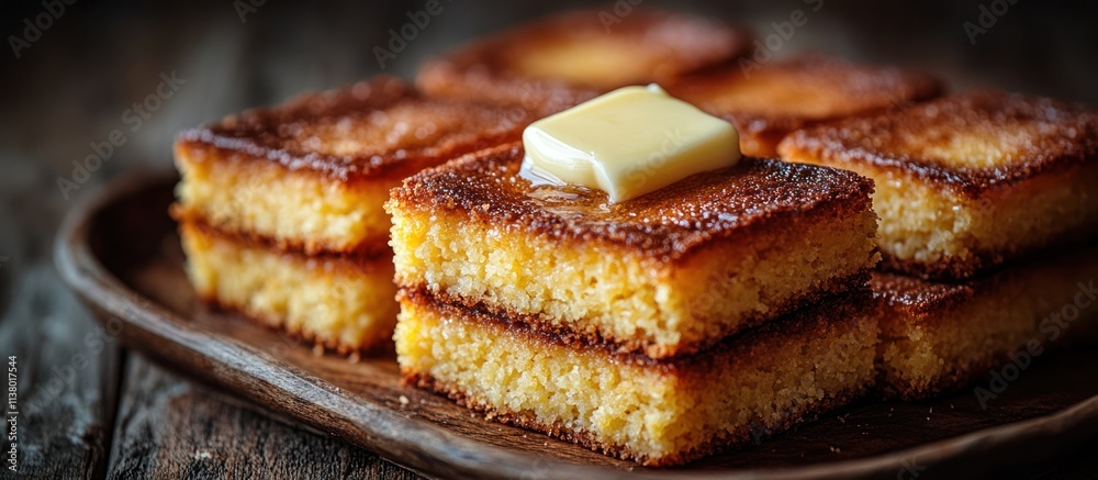 Stacked golden cornbread squares with melting butter on a rustic wooden plate.