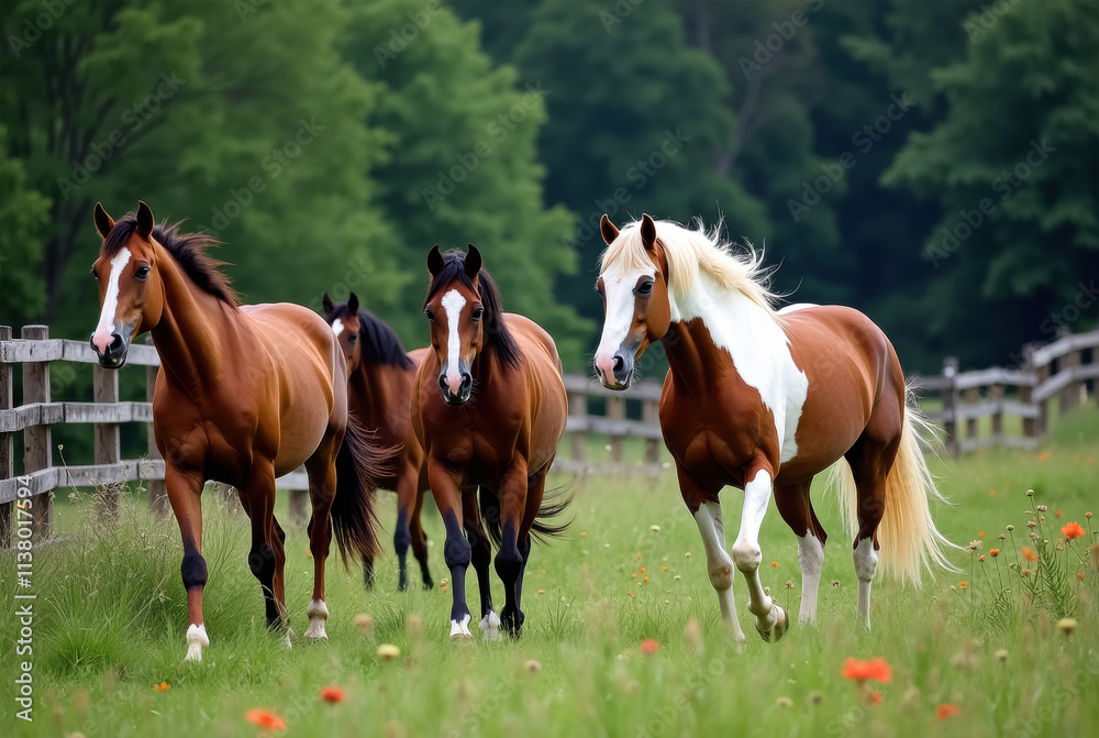 Four horses running in a pasture with a fence Four horses running in a pasture with a fence
