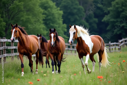 Four horses running in a pasture with a fence