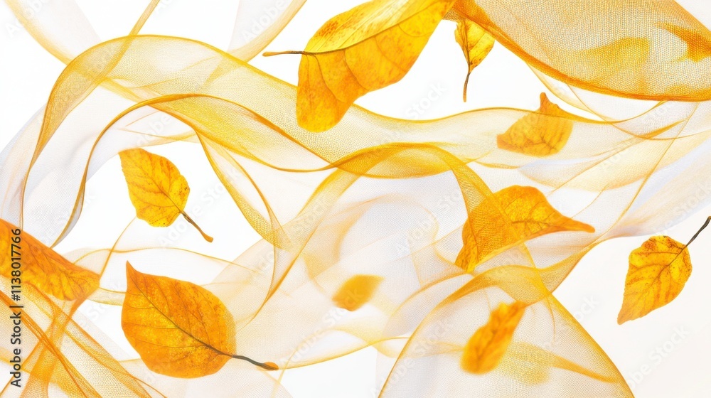 Fototapeta premium Autumnal Leaves Dancing on Sheer Fabric: A Delicate Fall Scene