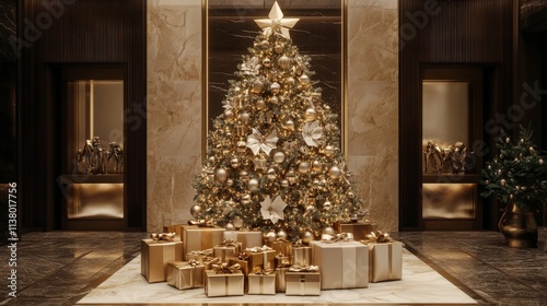 A luxurious Christmas tree constructed entirely from elegantly wrapped gift boxes, each box styled as if containing high-end items like watches and jewelry. The design exudes sophistication, with poli photo