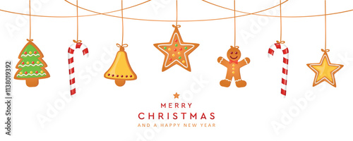 christmas card with hanging gingerbread cookies decoration and fir branches vector illustration