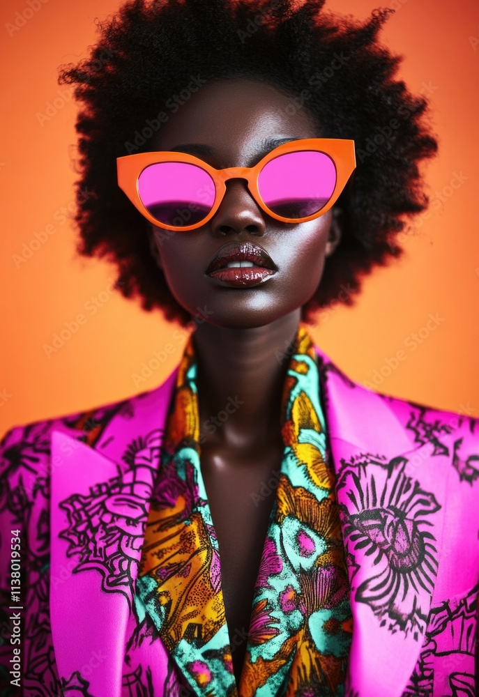 Portrait of an African woman wearing pink and orange sunglasses, a colorful patterned suit jacket, and vibrant colors. Portrait of an African woman wearing pink and orange sunglasses, a colorful patterned suit jacket, and vibrant colors.