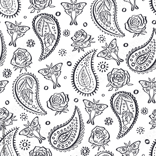 Seamless pattern with hand drawn monochrome inky Paisley, roses and luna moths. Doodle mughal designs with black and white sketchy butterflies and flowers repeat background. photo