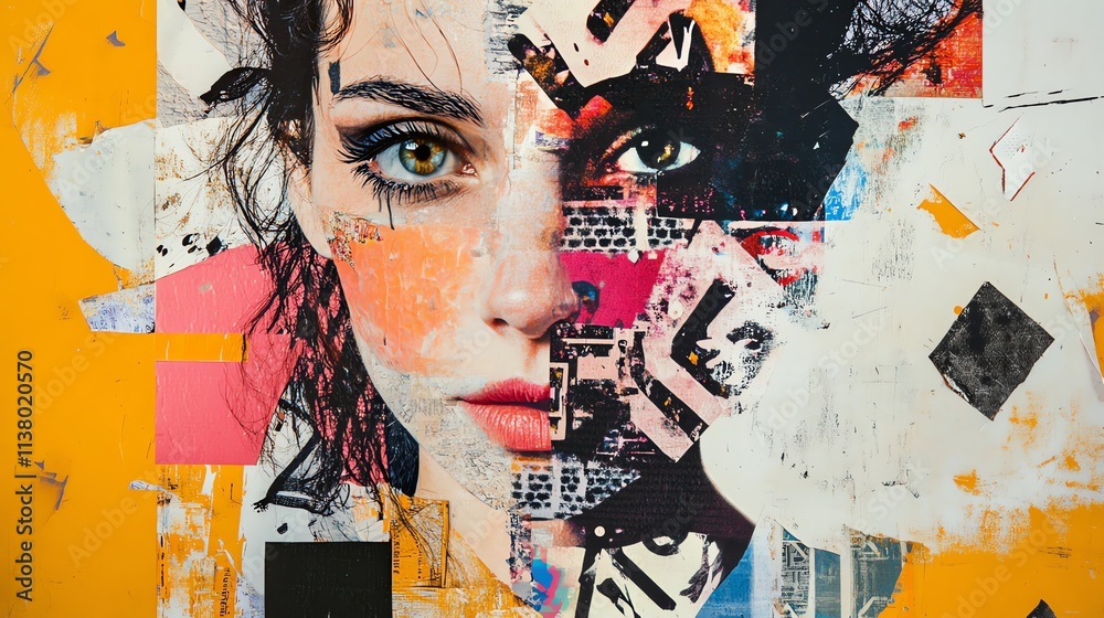 custom made wallpaper toronto digitalCollage art of a woman's face with a bold color palette.