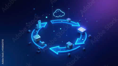 Illustration of a digital workflow with Kubernetes, Docker, clouds, and circular arrows symbolizing CI/CD pipeline. photo