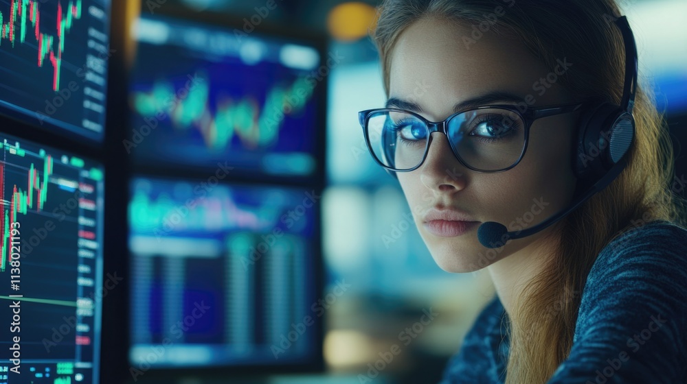 Female designer in glasses and headset is sitting at the computer with stock market charts on screens. Female designer in glasses and headset is sitting at the computer with stock market charts on screens.