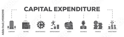 Capital expenditure infographic icon flow process which consists of company, buying, maintenance, improvement, asset, business, finance, investment icon live stroke and easy to edit .