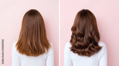 Before and after comparison of hair texture transformation from frizzy to smooth, showcasing the effects of a keratin treatment on a neutral backdrop.