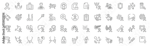 Cancer line icons. Vector illustration include icon - mri, doctor, treatment, biopsy, radiology, biopsy, sarcoma, therapy, radiology outline pictogram for oncology tumor diagnostic. Editable stroke
