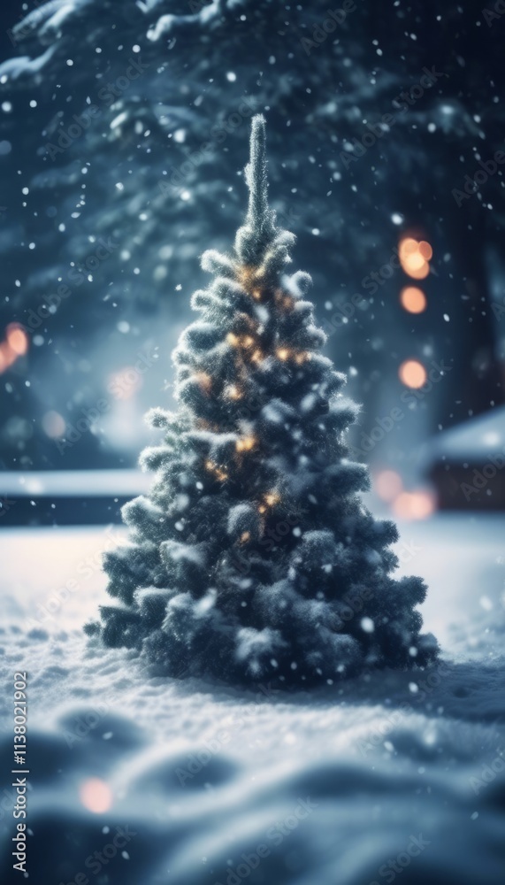 Snowy Christmas tree illuminated with warm lights against dark winter night. Blurred bokeh lights in background, for holiday cart, social media post, winter-themed design, seasonal marketing materials Snowy Christmas tree illuminated with warm lights against dark winter night. Blurred bokeh lights in background, for holiday cart, social media post, winter-themed design, seasonal marketing materials