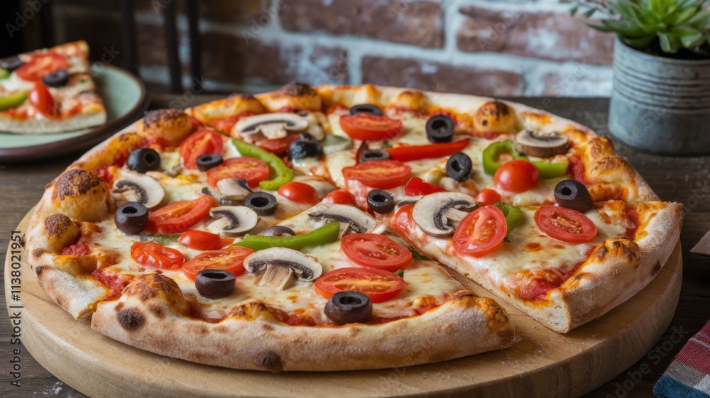 Tasty vegetarian pizza with cherry tomatoes, mozzarella cheese and fresh oregano. Close up. Tasty vegetarian pizza with cherry tomatoes, mozzarella cheese and fresh oregano. Close up.