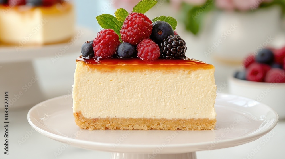 Decadent Cheesecake with Berries and Mint Garnish Decadent Cheesecake with Berries and Mint Garnish