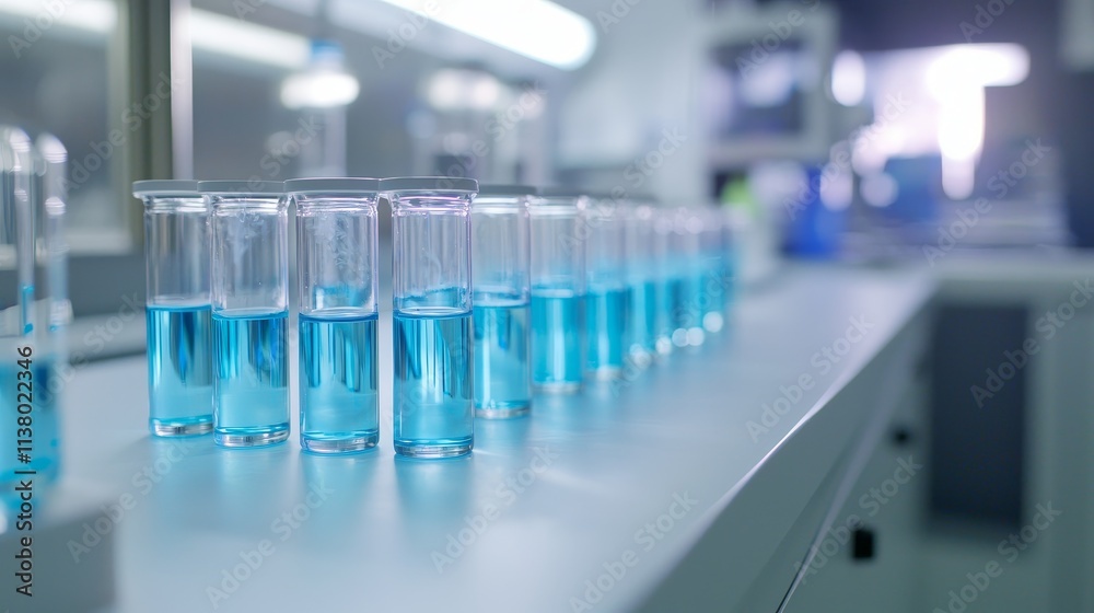 Modern Laboratory with Rows of Test Tubes and Blue Liquid Modern Laboratory with Rows of Test Tubes and Blue Liquid