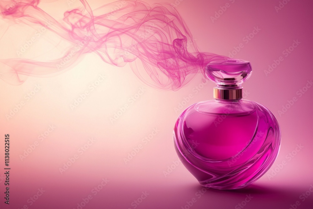 A luxurious purple perfume bottle with pink highlights, resting on a gradient background. Wisps of pink fragrance spiral upward, blending into the design and evoking elegance and allure. A luxurious purple perfume bottle with pink highlights, resting on a gradient background. Wisps of pink fragrance spiral upward, blending into the design and evoking elegance and allure.