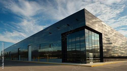 Wallpaper Mural Contemporary industrial building exterior for car servicing or vehicle repair, showcasing parking spaces and clean architecture under a sunny blue sky. Torontodigital.ca
