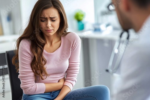 woman holding belly in pain in doctor office, from period cramps or endometriosis photo