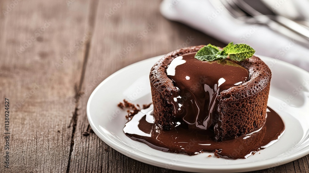 A rich chocolate lava cake drizzled with molten chocolate, garnished with mint, served on a white plate against a rustic wooden background. A rich chocolate lava cake drizzled with molten chocolate, garnished with mint, served on a white plate against a rustic wooden background.