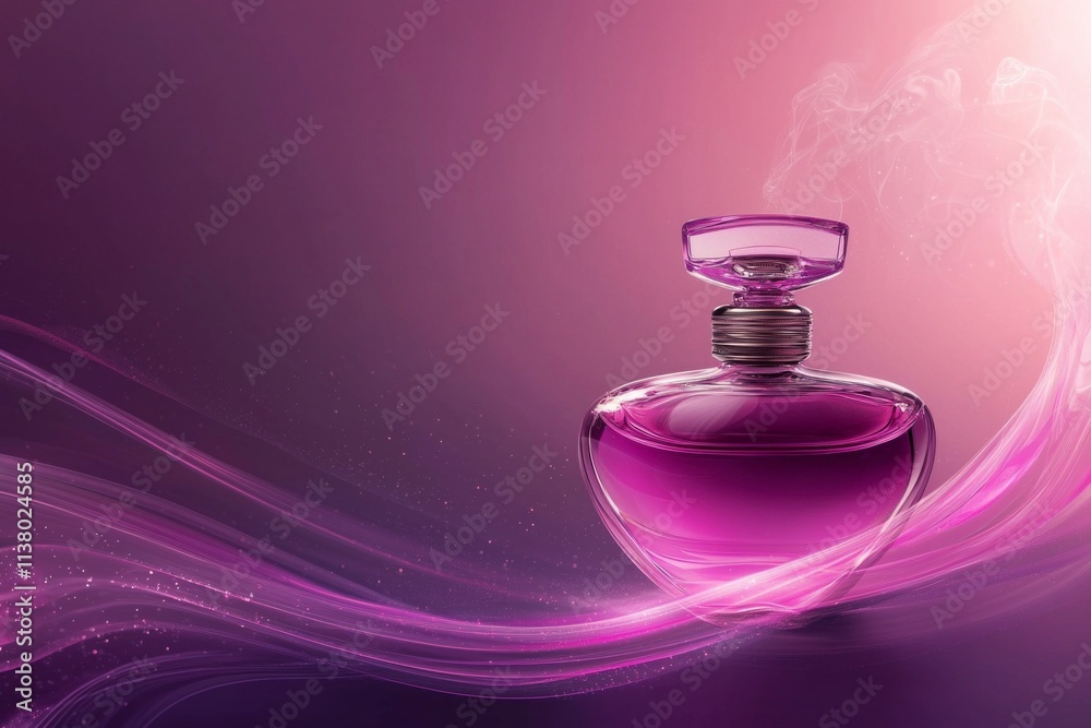 A luxurious purple perfume bottle with pink highlights, resting on a gradient background. Wisps of pink fragrance spiral upward, blending into the design and evoking elegance and allure. A luxurious purple perfume bottle with pink highlights, resting on a gradient background. Wisps of pink fragrance spiral upward, blending into the design and evoking elegance and allure.