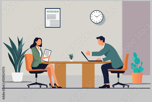 Professional interview depicting a recruiter and candidate engaged in conversation in a modern office. ideal for recruitment, hiring, HR, career advice, workplace themes, and business presentations.