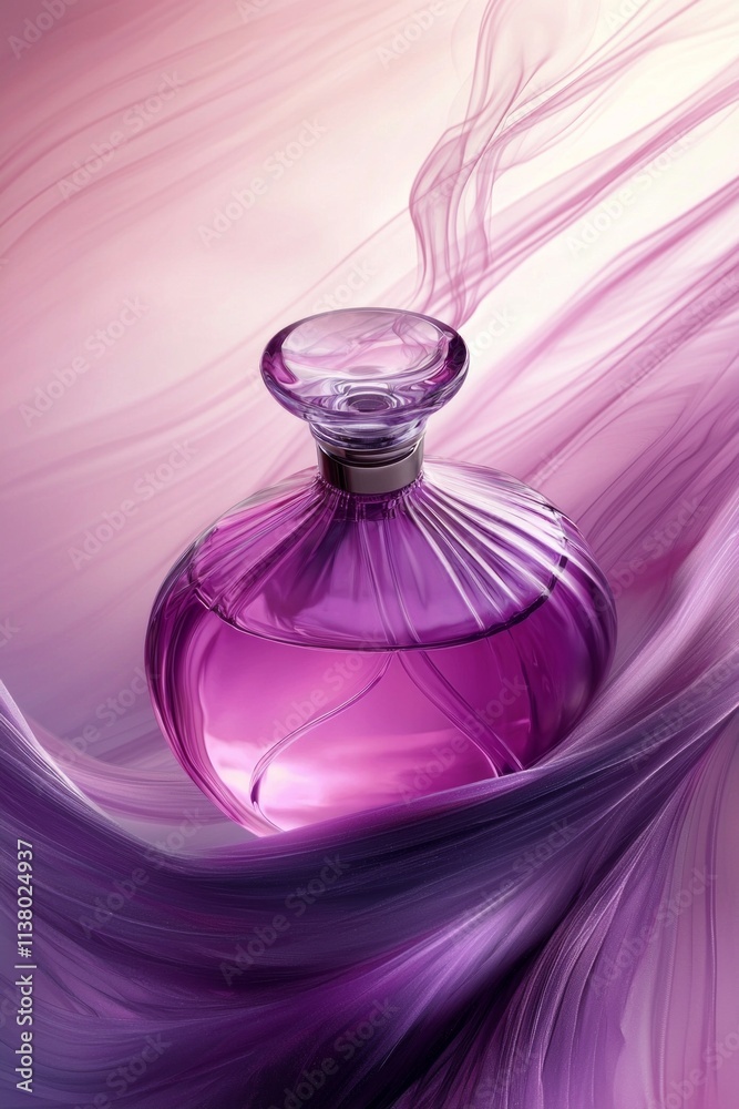 A luxurious purple perfume bottle with pink highlights, resting on a gradient background. Wisps of pink fragrance spiral upward, blending into the design and evoking elegance and allure. A luxurious purple perfume bottle with pink highlights, resting on a gradient background. Wisps of pink fragrance spiral upward, blending into the design and evoking elegance and allure.