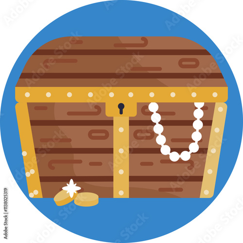 A classic wooden chest adorned with metal clasps, brimming with shiny gold coins, jewels, and mysterious loot.