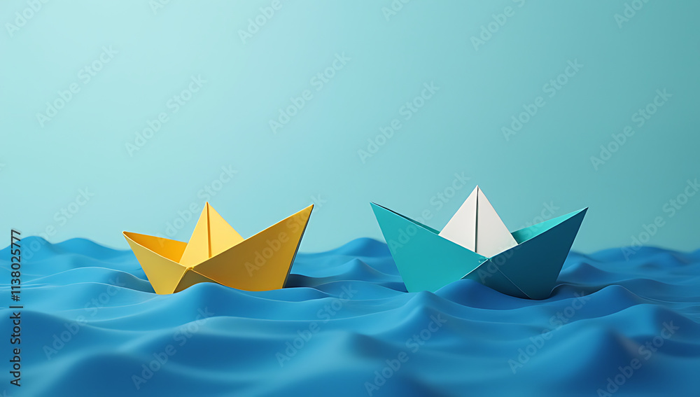 Obraz premium Two simple paper boats represent a strong business struggling against fierce competition in the vast ocean of commerce and industry._00003_
