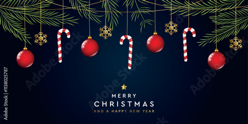 merry christmas greeting card banner with fir branches and hanging candy cane vector illustration