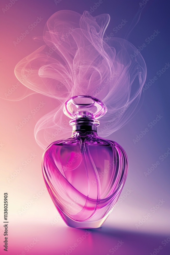A luxurious purple perfume bottle with pink highlights, resting on a gradient background. Wisps of pink fragrance spiral upward, blending into the design and evoking elegance and allure. A luxurious purple perfume bottle with pink highlights, resting on a gradient background. Wisps of pink fragrance spiral upward, blending into the design and evoking elegance and allure.